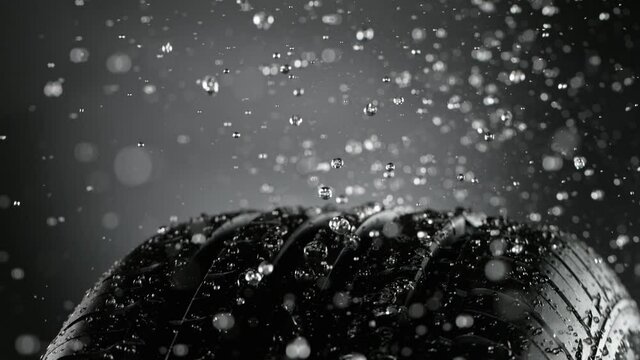 Super Slow Motion of Car Tire with Water Splash, Isolated on Black Background. Filmed on High Speed Cinema Camera at 1000 fps.