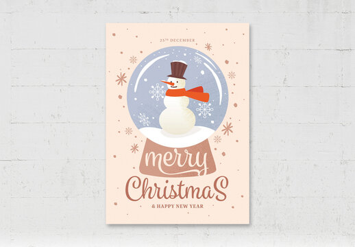Christmas Flyer Greetings Card with Snowman Snow Globe