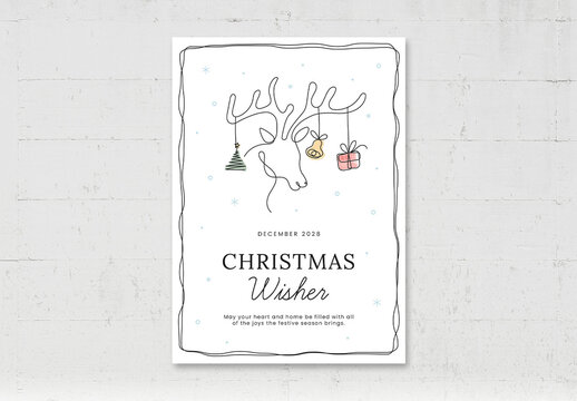 Simple Christmas Card Flyer Printable with Festive Reindeer Illustration