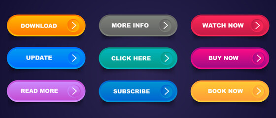 Different gradient colors and icons on white forms with shadows. Set of vector modern material style buttons.