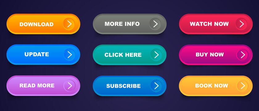 Different gradient colors and icons on white forms with shadows. Set of vector modern material style buttons.