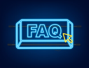 Faq with cursor button. Internet neon icon. Pointer click icon. Vector stock illustration