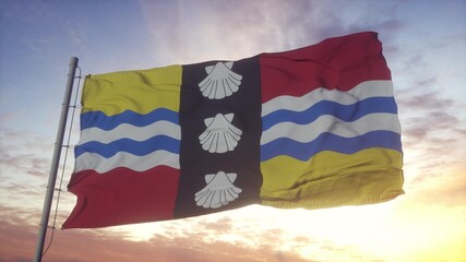 Bedfordshire flag, England, waving in the wind, sky and sun background. 3d rendering