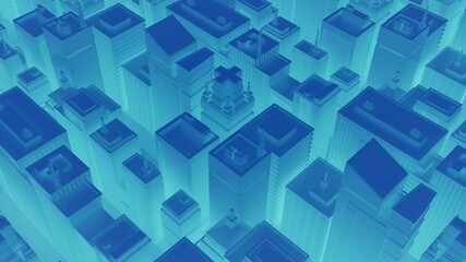 Neon blue city with skyscrapers. Abstract isometric city. 3d rendering