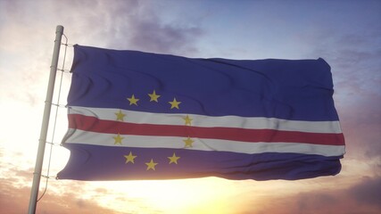 Flag of Cabo Verde waving in the wind, sky and sun background. 3d rendering