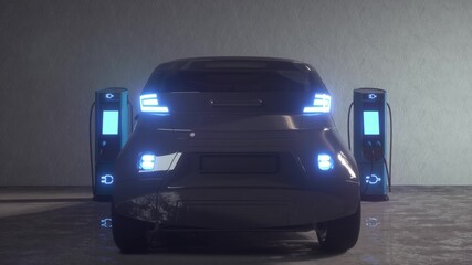 Fototapeta na wymiar Electric car charging. Electric vehicle charging port plugging in car. 3d rendering