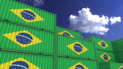 Brazil flag containers are located at the container terminal. Concept for Brazil import and export. 3d rendering