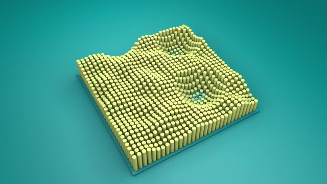 Loop 3d animation of a set of yellow cylinders exposed in a square and constantly changing height. 3d abstraction, motion design, beautiful screensaver.