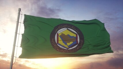 Flag of Gulf Cooperation Council waving in the wind, sky and sun background. 3d rendering
