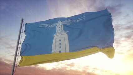 Alexandria flag, city of Egypt, waving in the wind, sky and sun background. 3d rendering