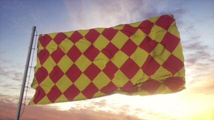 Fototapeta na wymiar Angoumois flag, France, waving in the wind, sky and sun background. 3d rendering