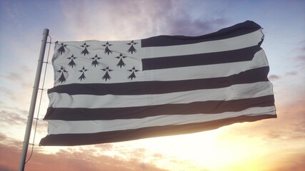 Brittany flag, France, waving in the wind, sky and sun background. 3d rendering