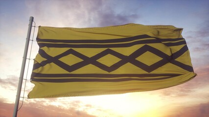 Fototapeta premium West Midland flag, England, waving in the wind, sky and sun background. 3d rendering