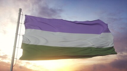 Genderqueer pride flag waving in the wind, sky and sun background. 3d rendering