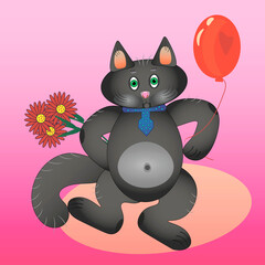 A cat with flowers and a balloon