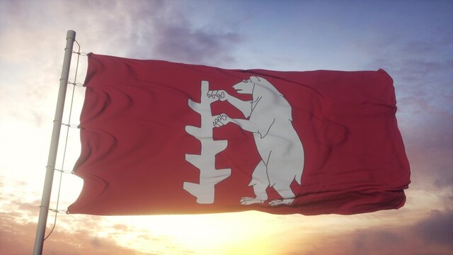 Warwickshire flag, England, waving in the wind, sky and sun background. 3d rendering