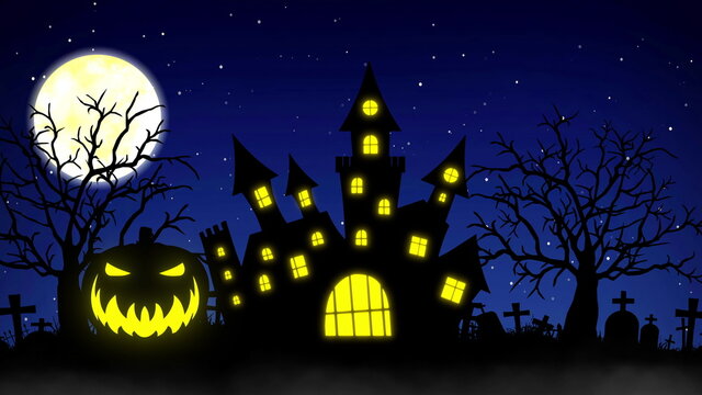Halloween background with the concept of Haunted Castle, Pumpkin and Spooky Trees. 3d rendering