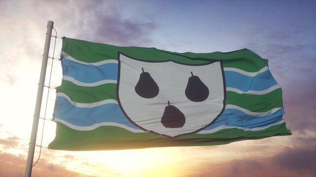 Worcestershire flag, England, waving in the wind, sky and sun background. 3d rendering