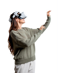 Young attractive businesswoman wearing green sweater and vr helm