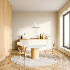 Bright kitchen room interior with three chairs, dining table
