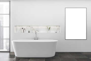 Fototapeta na wymiar Bright bathroom interior with white empty poster, bathtub, panoramic window