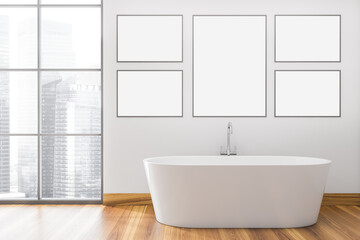 Fototapeta na wymiar Bright bathroom interior with five white empty poster, bathtub
