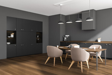Dark kitchen room interior with dining table, four chairs