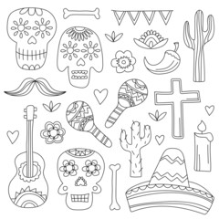 Icons of Day of the Dead, a traditional holiday in Mexico. Skulls, flowers, elements for the design. Black and white Hand drawn style