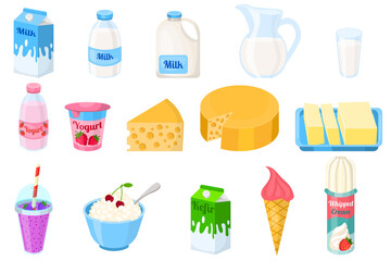 Cute cartoon dairy products set in flat style isolated on white background. Milk and kefir, yogurt and cottage cheese, whipped cream and ice cream, cheese.