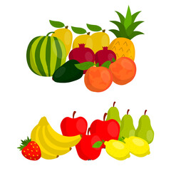 Cute different fruit in flat style composition isolated on white background. Fair of harvest. Wind with fruits. Pineapple and watermelon, apple and strawberry, pear and lemon.