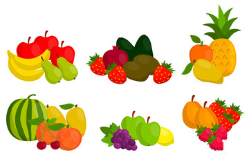 Cute fruit in flat style composition isolated on white background. Fair of harvest. Wind with fruits. Pineapple and watermelon, apple and strawberry, pear and lemon.