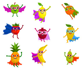 Cute super fruits set in flat style. Superheroes with smiles, cloaks and masks. Apple and lemon, orange and strawberry, pomegranate and mango, pineapple and banana, pear.