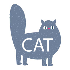 Gray cartoon cat. Fat pet logo with lettering