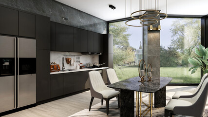 Black modern contemporary stylish kitchen room interior with luxury dining table and large window, 3d rendering  - 462314642