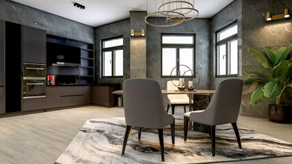 Black modern contemporary stylish kitchen room interior with luxury dining table and large window, 3d rendering 