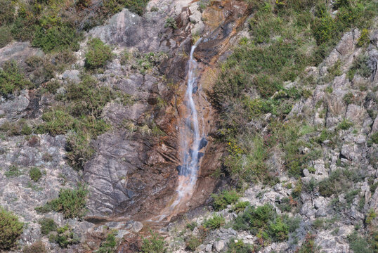 Pequena cascata no alto de uma montanha - queda de água por entre as rochas com pequena plantas em redor