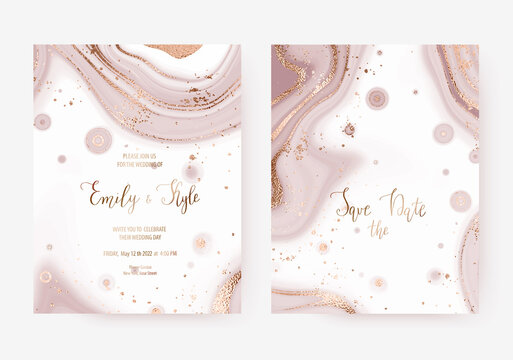 Wedding invitation templates with agate slice texture and gold glitter  splatter.
