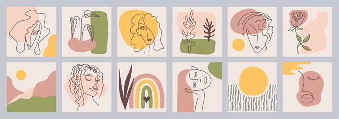 Set of creative hand painted one line abstract shapes. Minimalistic vector posters: woman portrait, flowers, branches, abstraction. For postcard, poster, placard, brochure, cover design, web.