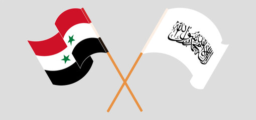 Crossed and waving flags of Syria and Taliban
