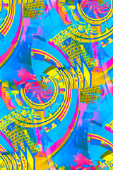 Abstract whimsical blue and yellow motels buildings.