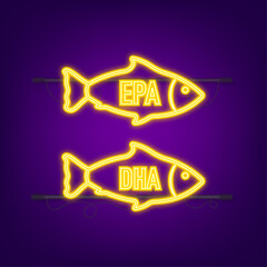 EPA, DHA Vector Drops Set. Neon icon. Omega Three. Organic Vitamin. Vector illustration.