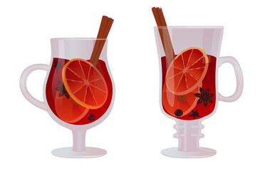 Set of two glasses of Christmas mulled wine with spices and fruits. Traditional hot beverage. 