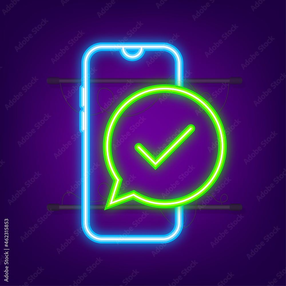 Poster smartphone with checkmark or tick notification in bubble. approved choice. accept or approve checkma