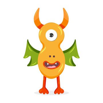 Orange monster with green wings. Cute cartoon character. Vector illustration for children