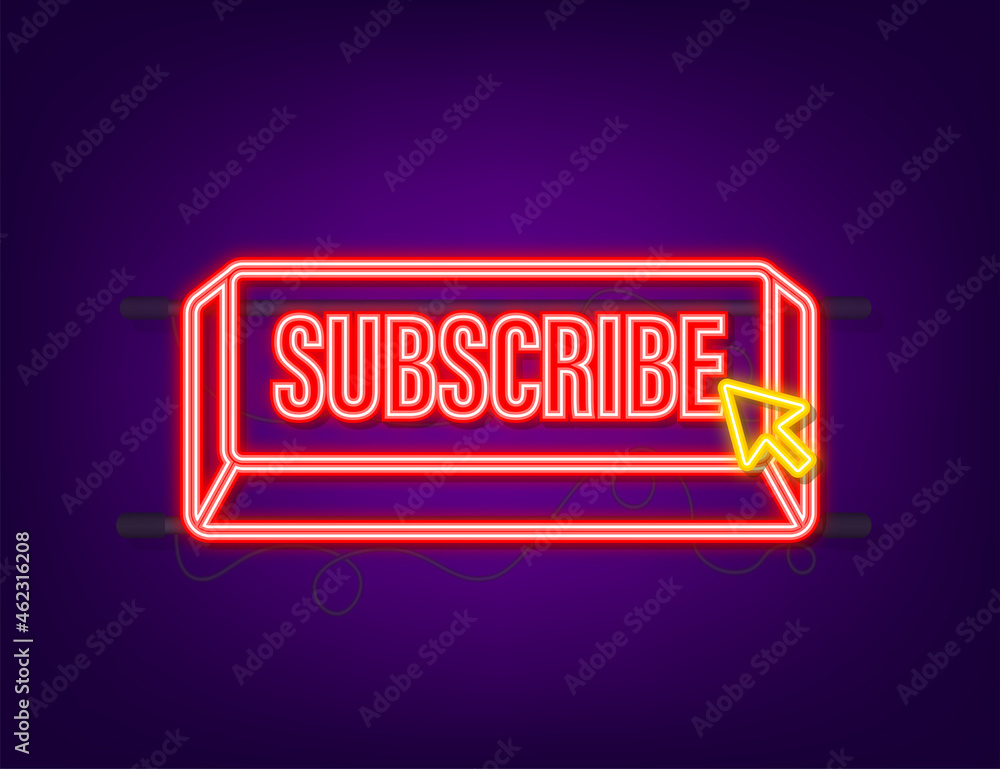 Poster subscribe with cursor button. internet icon. pointer click neon icon. vector stock illustration