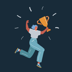 Vector illustration of winning woman run with trophy in her hands on dark background.