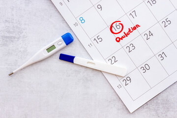 Ovulation home test and thermometer on calendar with red mark
