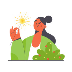 Christmas theme portrait of happy young woman holding a Bengal fire stick. Winter holidays season celebration concept. Girl flat character vector illustration.