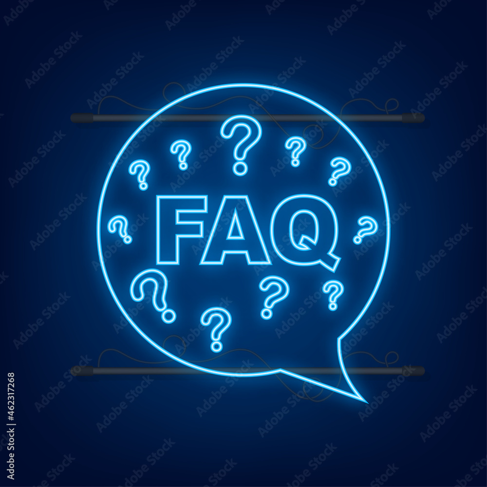Poster frequently asked questions faq banner. neon icon. computer with question icons. vector illustration