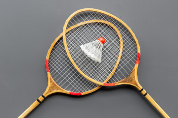 Flat lay of badminton rackets and shuttlecock. Top view